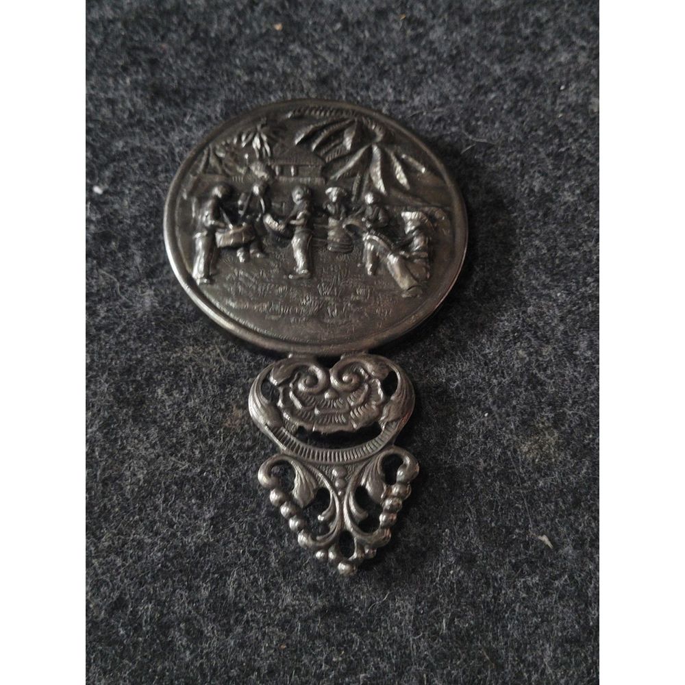 Vintage Silver plate purse Danish Hand Mirror embossed Island Scene Palm Trees